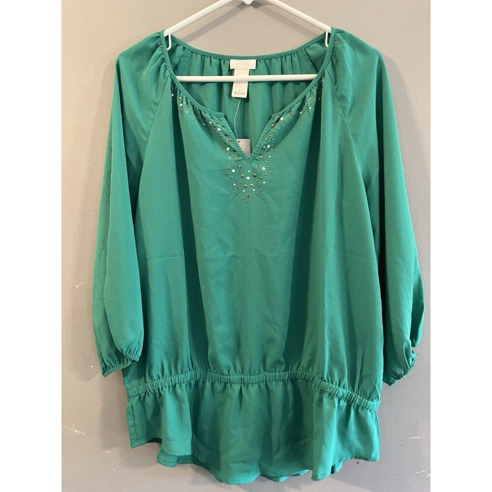 Chicos Womens Vivid Green Pretty Stones 3/4 Length Sleeves Size 1 NWT New